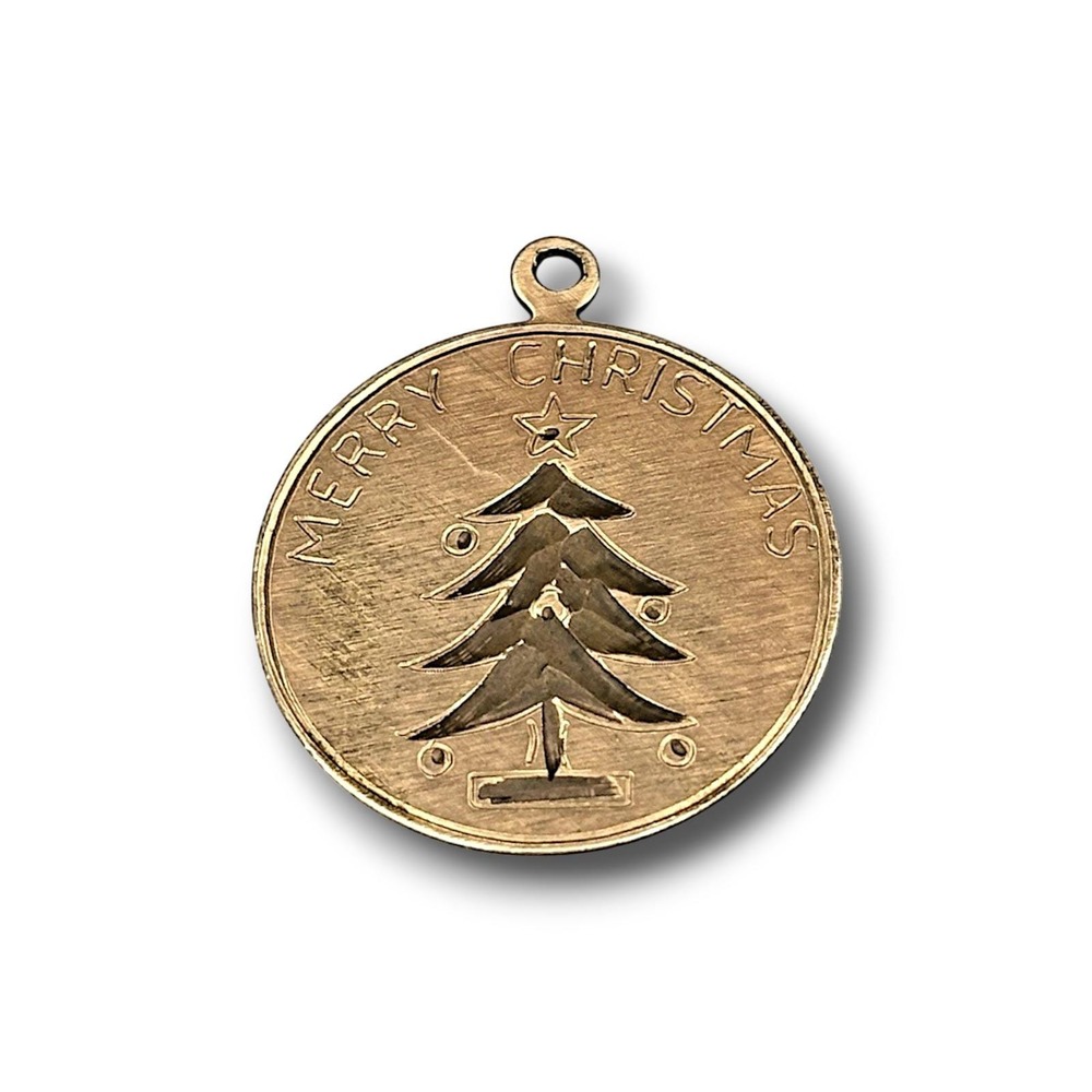 Gold Filled Merry Christmas Tree Disc Charm Pendant Vintage 12k GF